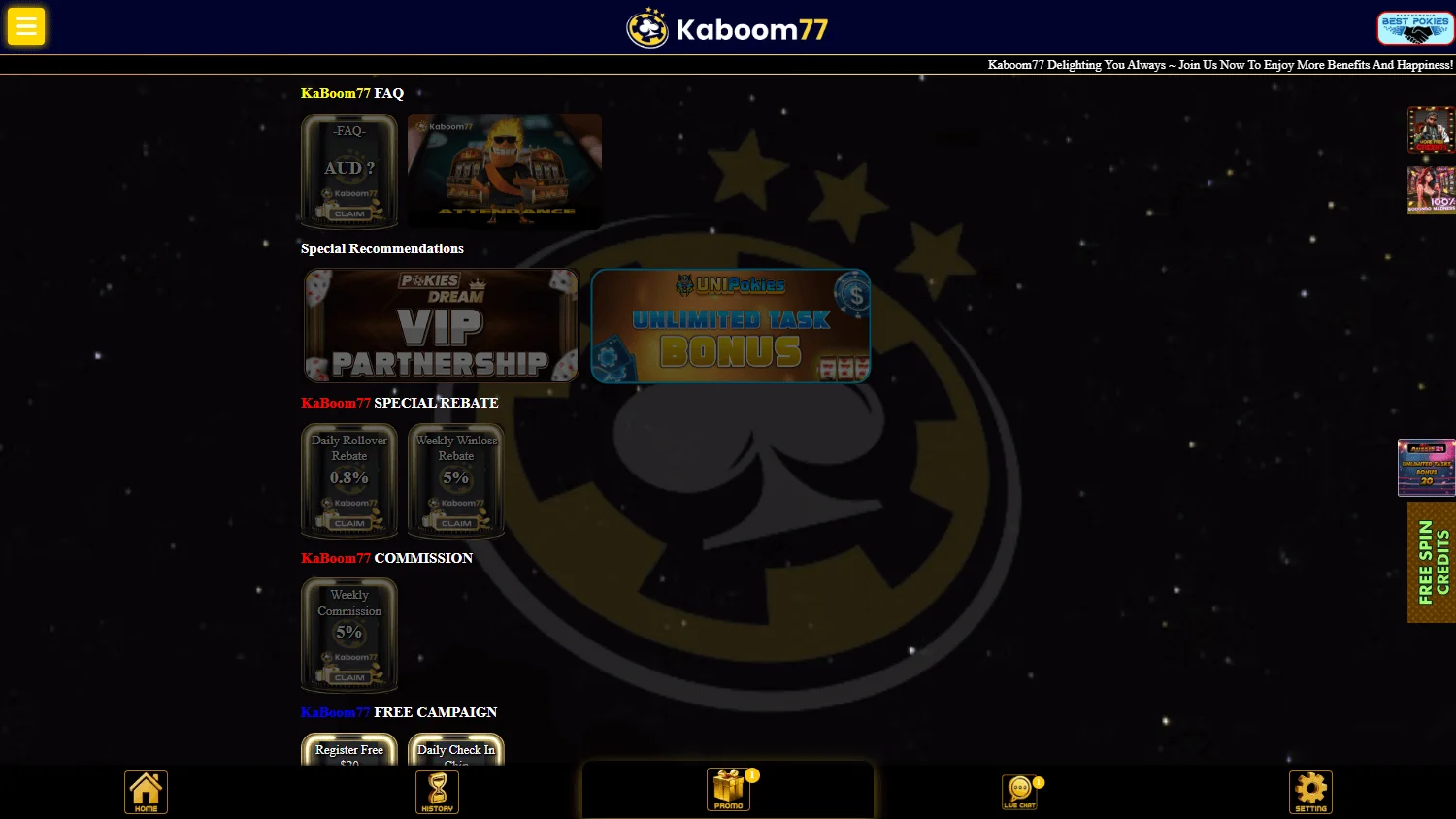 Kaboom Casino promotions screen on desktop