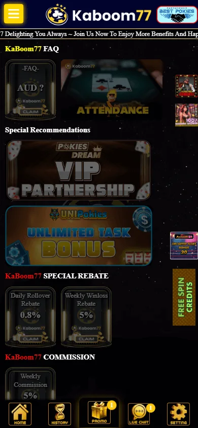Kaboom Casino promotions screen on a mobile device